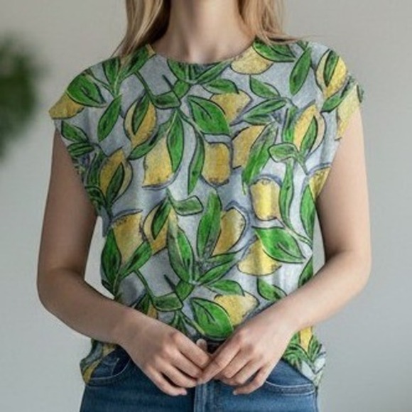 Isaac Mizrahi New York Tops - Isaac Mizrahi (Top) (M) [Yellow/Green] EXCELLENT Linen Lemon Print Cap Sleeve